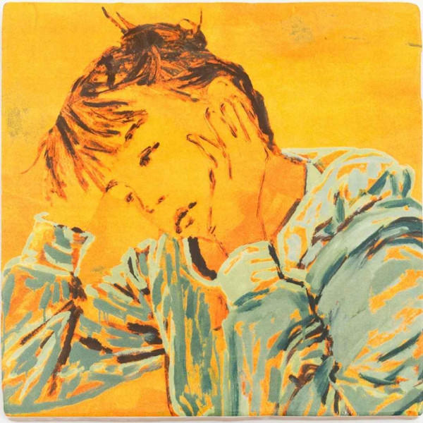 Claire Tabouret - Self-portrait at the table (orange) tile - 2025